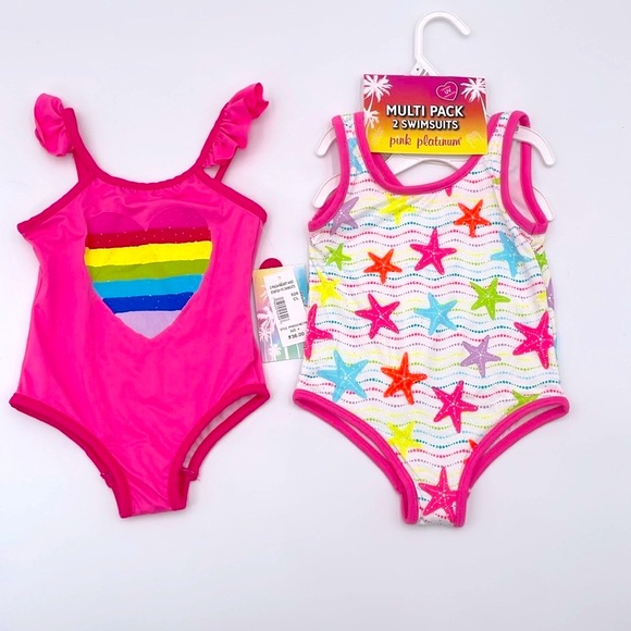 Pink Platinum One Piece Swimsuits Pink White Heart UV Protection Set of‎ Two - 4 - Picture 1 of 12